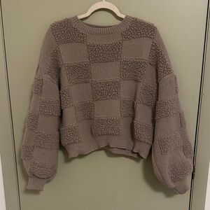 Taupe Checkered Sherpa Knit Sweater with Balloon Sleeves